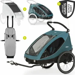 2in1 Fahrradanhänger Sparset Dryk Duo - für 2 Kinder (bis 44 kg) - Bike Trailer & City Buggy - inkl. Babysitz Lounger & Schutzpaket - Ocean Green