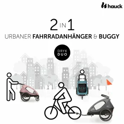 2in1 Fahrradanhänger Sparset Dryk Duo - für 2 Kinder (bis 44 kg) - Bike Trailer & City Buggy - inkl. Babysitz Lounger & Schutzpaket - Ocean Green