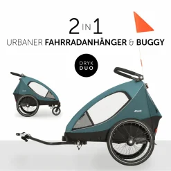 2in1 Fahrradanhänger Sparset Dryk Duo - für 2 Kinder (bis 44 kg) - Bike Trailer & City Buggy - inkl. Babysitz Lounger & Schutzpaket - Ocean Green