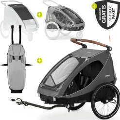 2in1 Fahrradanhänger Sparset Dryk Duo - für 2 Kinder (bis 44 kg) - Bike Trailer & City Buggy - inkl. Babysitz Lounger & Schutzpaket - Melange Grey