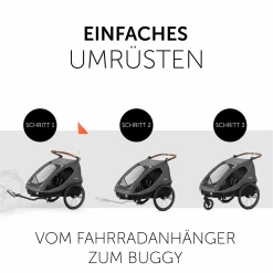 2in1 Fahrradanhänger Sparset Dryk Duo - für 2 Kinder (bis 44 kg) - Bike Trailer & City Buggy - inkl. Babysitz Lounger & Schutzpaket - Melange Grey