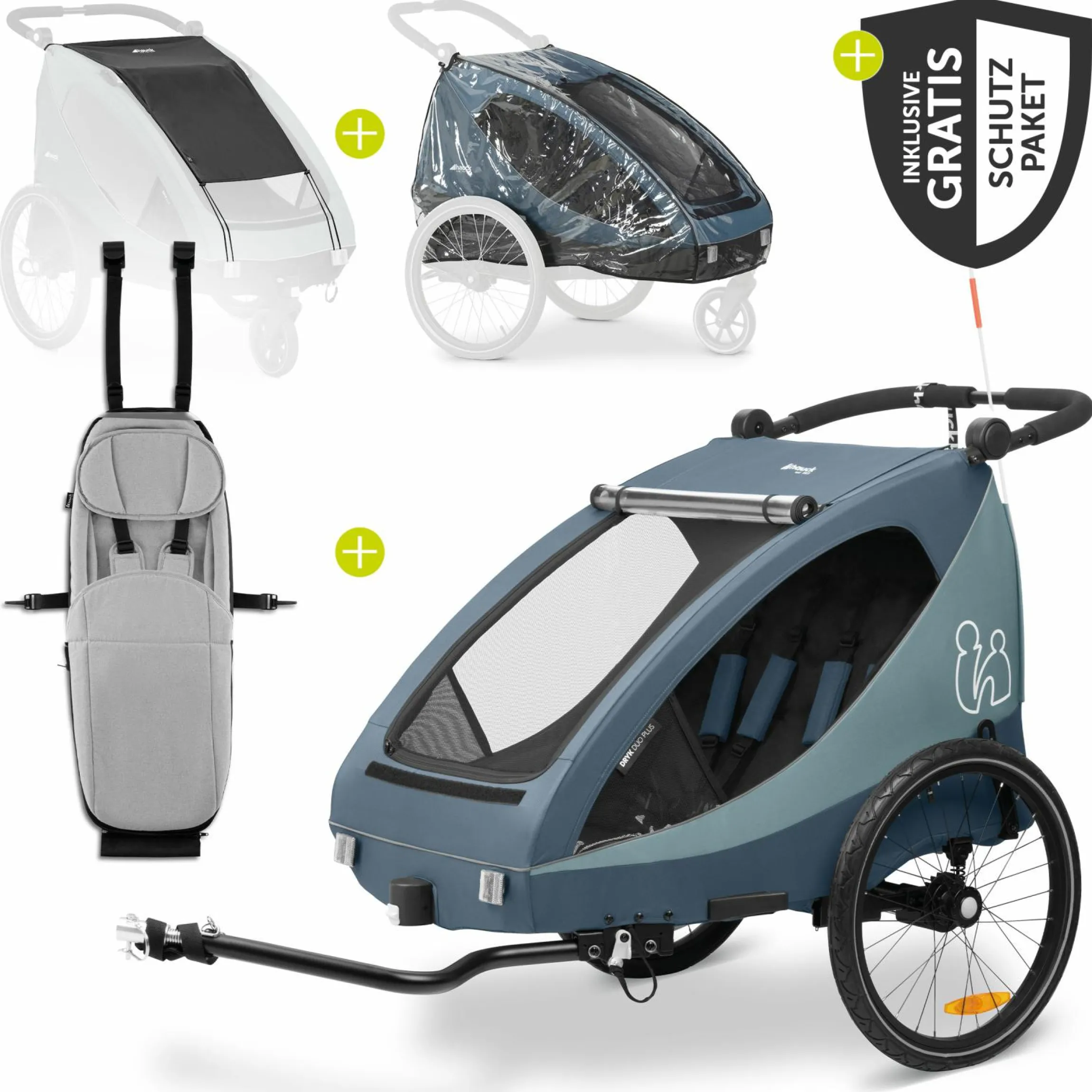 2in1 Fahrradanhänger Sparset Dryk Duo Plus - für 2 Kinder (bis 44 kg) - Bike Trailer & City Buggy - inkl. Babysitz Lounger & Schutzpaket - Dark Blue