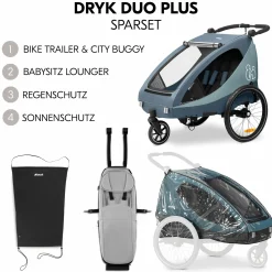 2in1 Fahrradanhänger Sparset Dryk Duo Plus - für 2 Kinder (bis 44 kg) - Bike Trailer & City Buggy - inkl. Babysitz Lounger & Schutzpaket - Dark Blue
