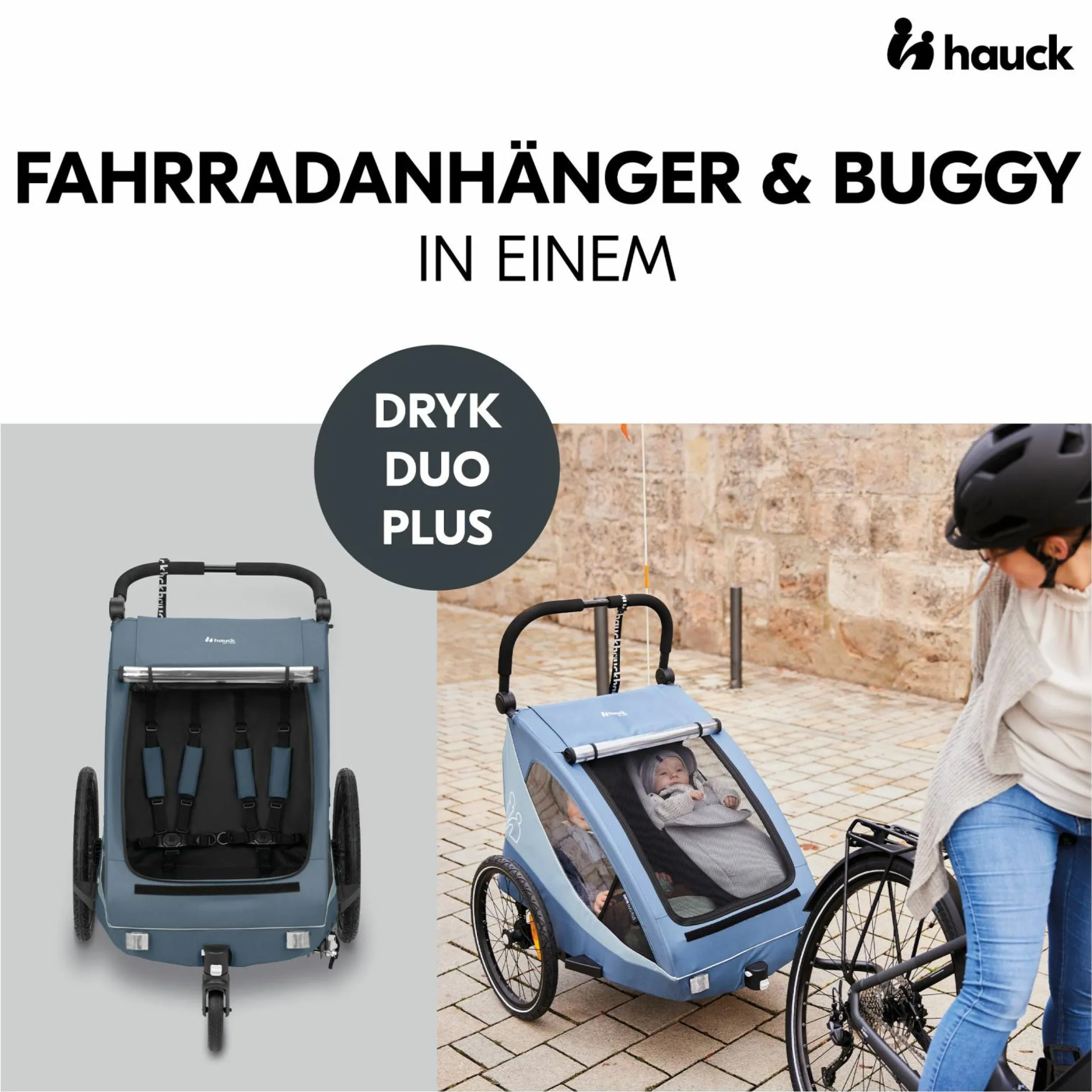 2in1 Fahrradanhänger Sparset Dryk Duo Plus - für 2 Kinder (bis 44 kg) - Bike Trailer & City Buggy - inkl. Babysitz Lounger & Schutzpaket - Dark Blue