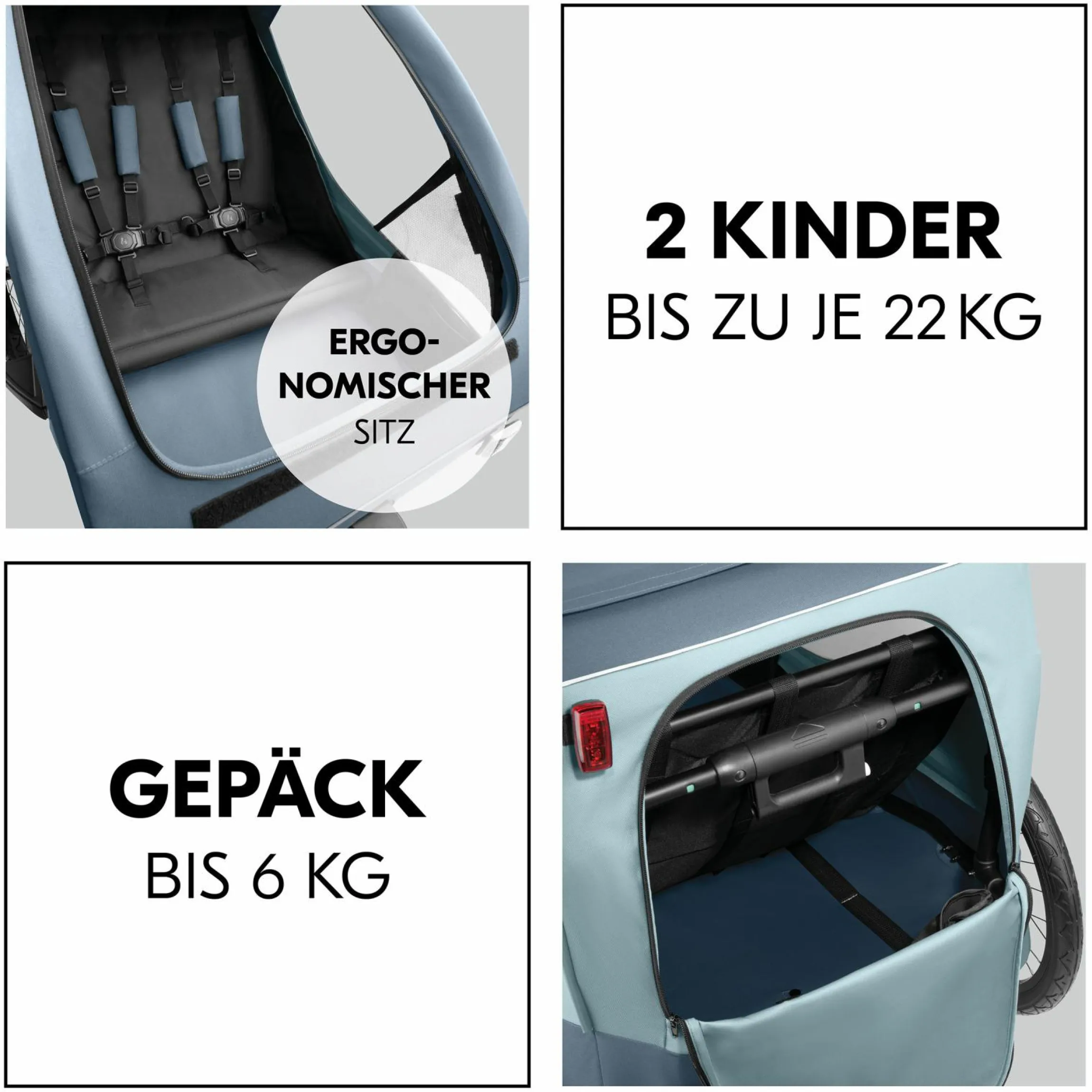 2in1 Fahrradanhänger Sparset Dryk Duo Plus - für 2 Kinder (bis 44 kg) - Bike Trailer & City Buggy - inkl. Babysitz Lounger & Schutzpaket - Dark Blue