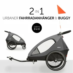 2in1 Fahrradanhänger Sparset Dryk Duo - für 2 Kinder (bis 44 kg) - Bike Trailer & City Buggy - inkl. Babysitz Lounger & Schutzpaket - Grey