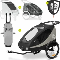 2in1 Fahrradanhänger Sparset Dryk Duo Plus - für 2 Kinder (bis 44 kg) - Bike Trailer & City Buggy - inkl. Babysitz Lounger & Schutzpaket - Black