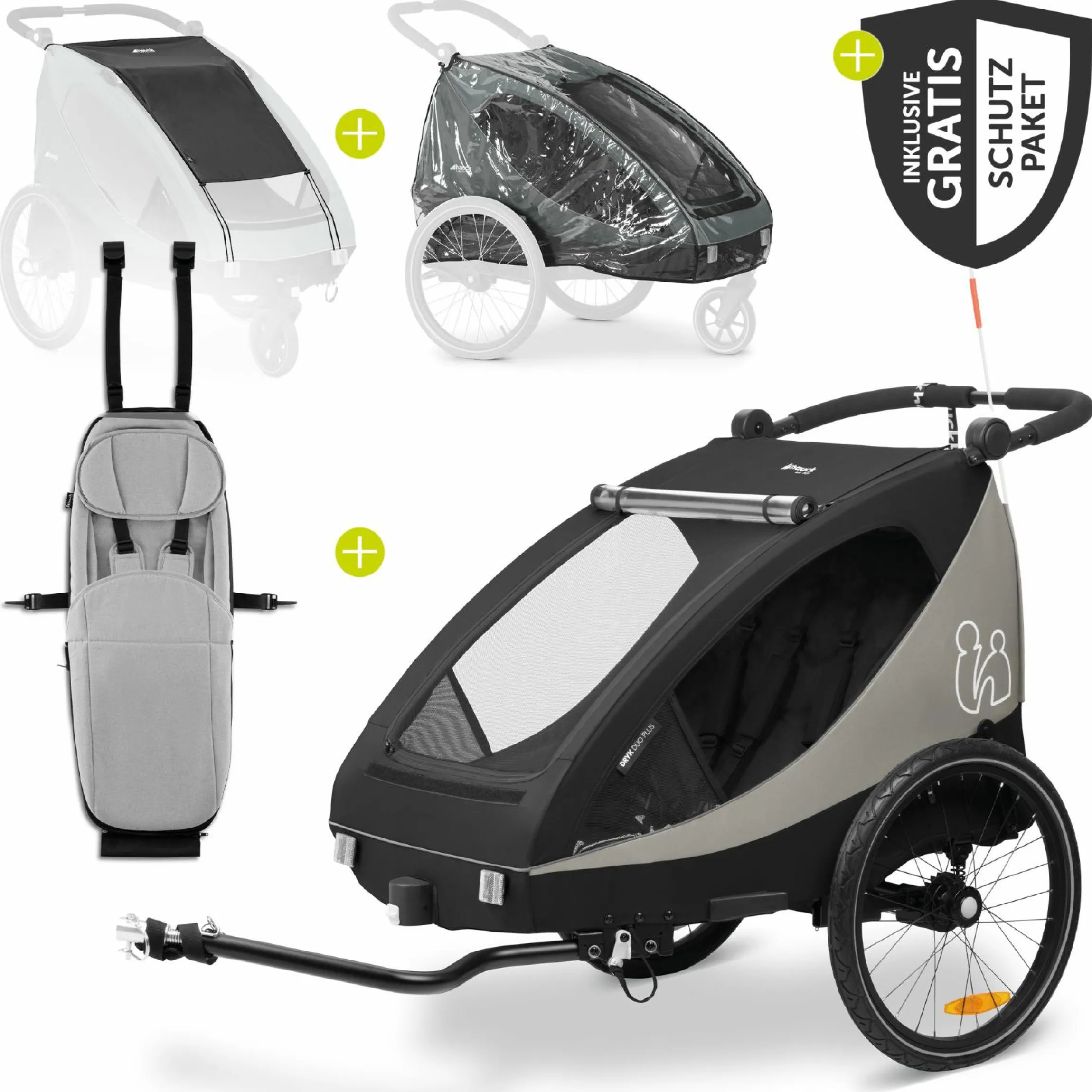 2in1 Fahrradanhänger Sparset Dryk Duo Plus - für 2 Kinder (bis 44 kg) - Bike Trailer & City Buggy - inkl. Babysitz Lounger & Schutzpaket - Black
