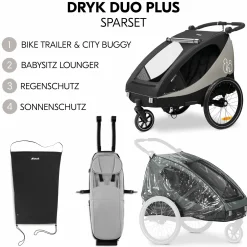 2in1 Fahrradanhänger Sparset Dryk Duo Plus - für 2 Kinder (bis 44 kg) - Bike Trailer & City Buggy - inkl. Babysitz Lounger & Schutzpaket - Black