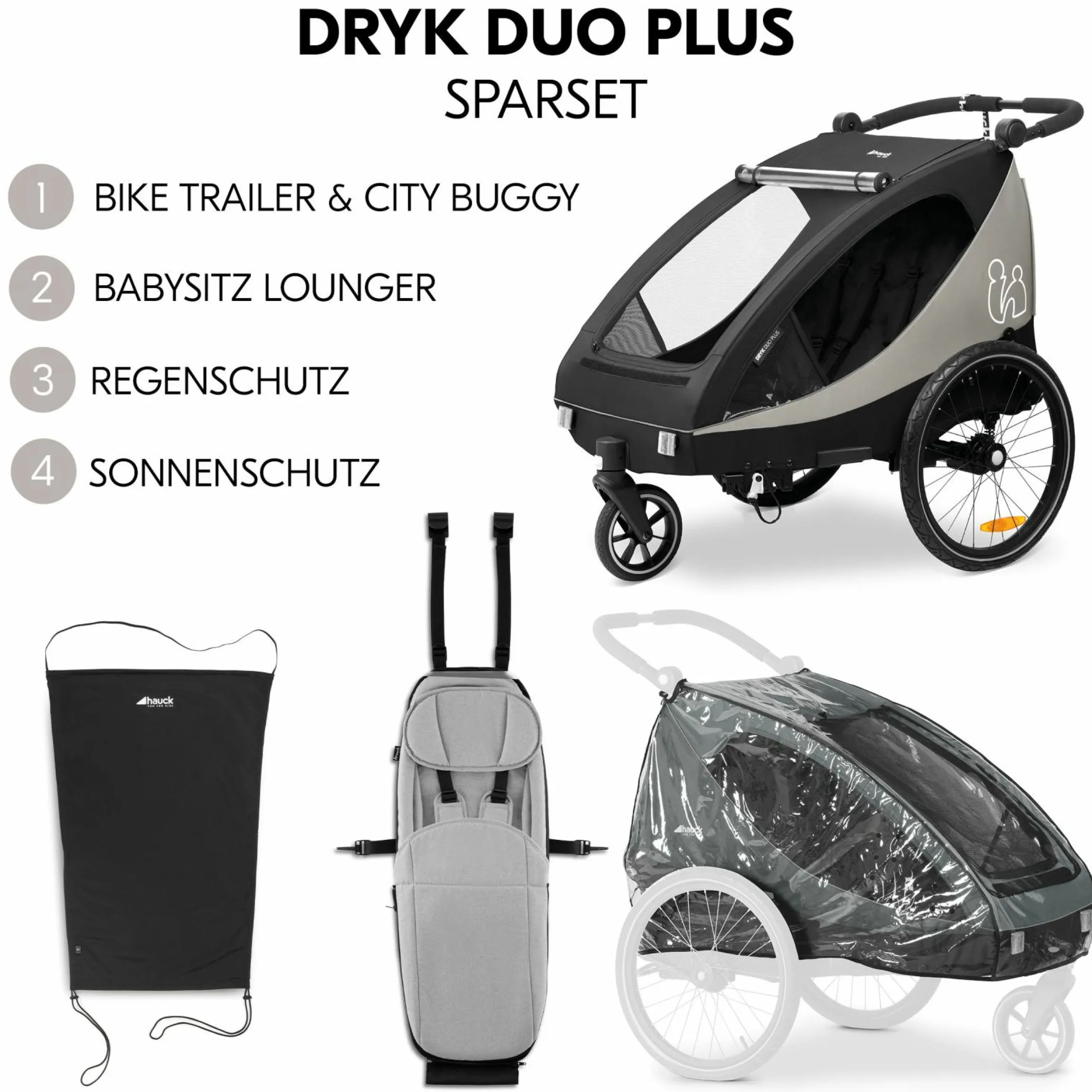2in1 Fahrradanhänger Sparset Dryk Duo Plus - für 2 Kinder (bis 44 kg) - Bike Trailer & City Buggy - inkl. Babysitz Lounger & Schutzpaket - Black