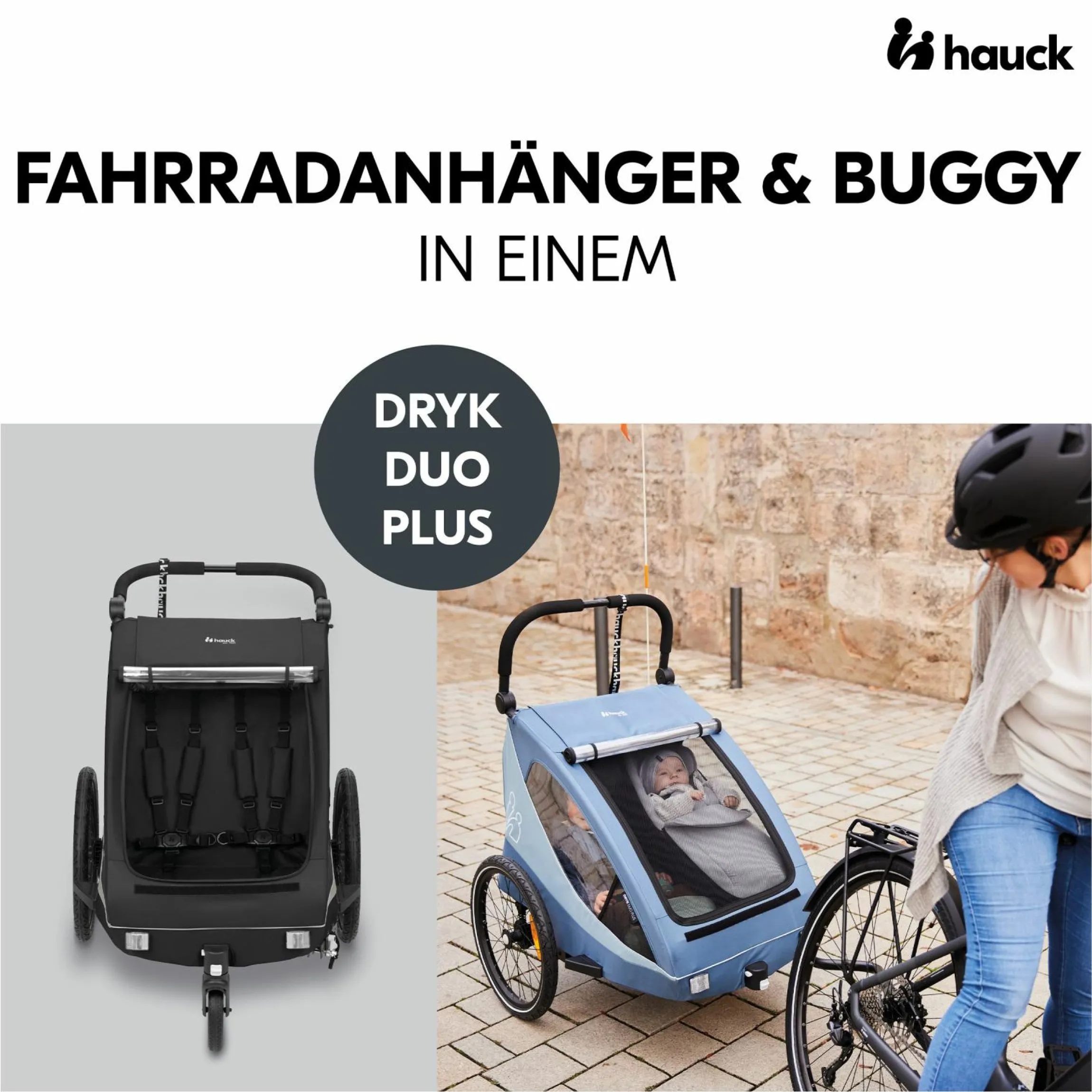 2in1 Fahrradanhänger Sparset Dryk Duo Plus - für 2 Kinder (bis 44 kg) - Bike Trailer & City Buggy - inkl. Babysitz Lounger & Schutzpaket - Black