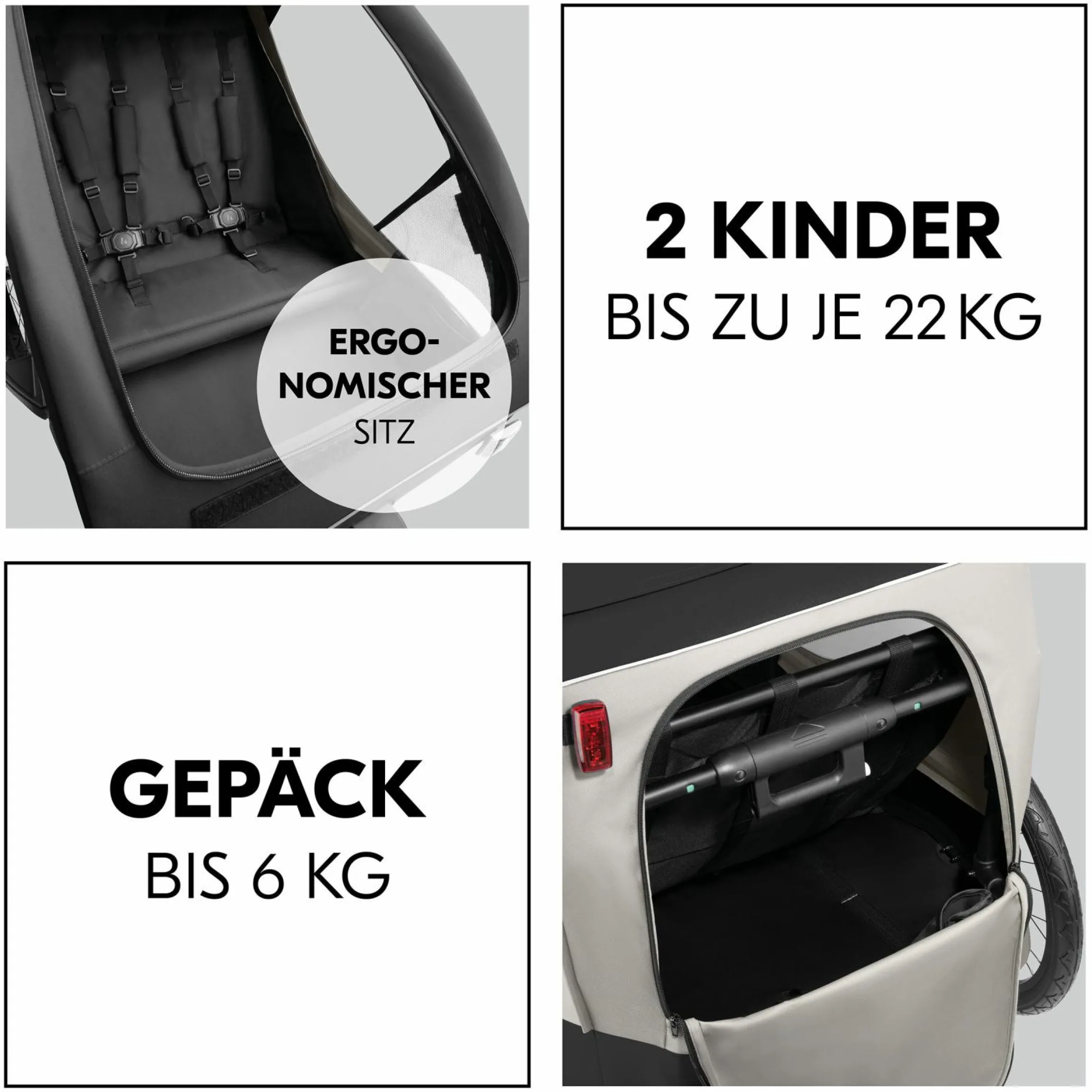 2in1 Fahrradanhänger Sparset Dryk Duo Plus - für 2 Kinder (bis 44 kg) - Bike Trailer & City Buggy - inkl. Babysitz Lounger & Schutzpaket - Black