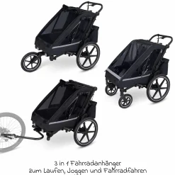 3in1 Fahrradanhänger und Kinderwagen Tour für 2 Kinder mit Bremssystem, Komfortsitze, Verdeck mit Moskitonetz, Regenschutz & Sonnenschutz (bis 49 kg) - Ink - Kollektion 2025