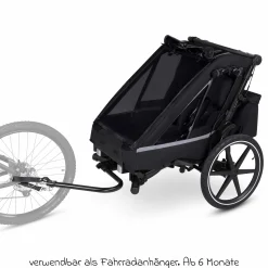 3in1 Fahrradanhänger und Kinderwagen Tour für 2 Kinder mit Bremssystem, Komfortsitze, Verdeck mit Moskitonetz, Regenschutz & Sonnenschutz (bis 49 kg) - Ink - Kollektion 2025