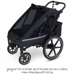 3in1 Fahrradanhänger und Kinderwagen Tour für 2 Kinder mit Bremssystem, Komfortsitze, Verdeck mit Moskitonetz, Regenschutz & Sonnenschutz (bis 49 kg) - Ink - Kollektion 2025