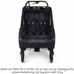 3in1 Fahrradanhänger und Kinderwagen Tour für 2 Kinder mit Bremssystem, Komfortsitze, Verdeck mit Moskitonetz, Regenschutz & Sonnenschutz (bis 49 kg) - Ink - Kollektion 2025