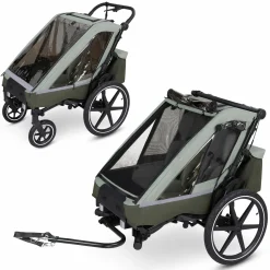 3in1 Fahrradanhänger und Kinderwagen Tour für 2 Kinder mit Bremssystem, Komfortsitze, Verdeck mit Moskitonetz, Regenschutz & Sonnenschutz (bis 49 kg) - Olive - Kollektion 2025