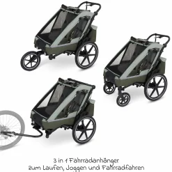 3in1 Fahrradanhänger und Kinderwagen Tour für 2 Kinder mit Bremssystem, Komfortsitze, Verdeck mit Moskitonetz, Regenschutz & Sonnenschutz (bis 49 kg) - Olive - Kollektion 2025