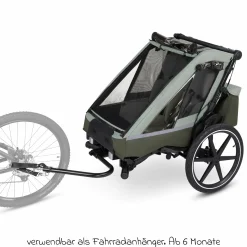 3in1 Fahrradanhänger und Kinderwagen Tour für 2 Kinder mit Bremssystem, Komfortsitze, Verdeck mit Moskitonetz, Regenschutz & Sonnenschutz (bis 49 kg) - Olive - Kollektion 2025