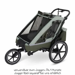 3in1 Fahrradanhänger und Kinderwagen Tour für 2 Kinder mit Bremssystem, Komfortsitze, Verdeck mit Moskitonetz, Regenschutz & Sonnenschutz (bis 49 kg) - Olive - Kollektion 2025