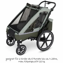 3in1 Fahrradanhänger und Kinderwagen Tour für 2 Kinder mit Bremssystem, Komfortsitze, Verdeck mit Moskitonetz, Regenschutz & Sonnenschutz (bis 49 kg) - Olive - Kollektion 2025