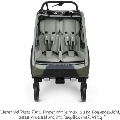 3in1 Fahrradanhänger und Kinderwagen Tour für 2 Kinder mit Bremssystem, Komfortsitze, Verdeck mit Moskitonetz, Regenschutz & Sonnenschutz (bis 49 kg) - Olive - Kollektion 2025