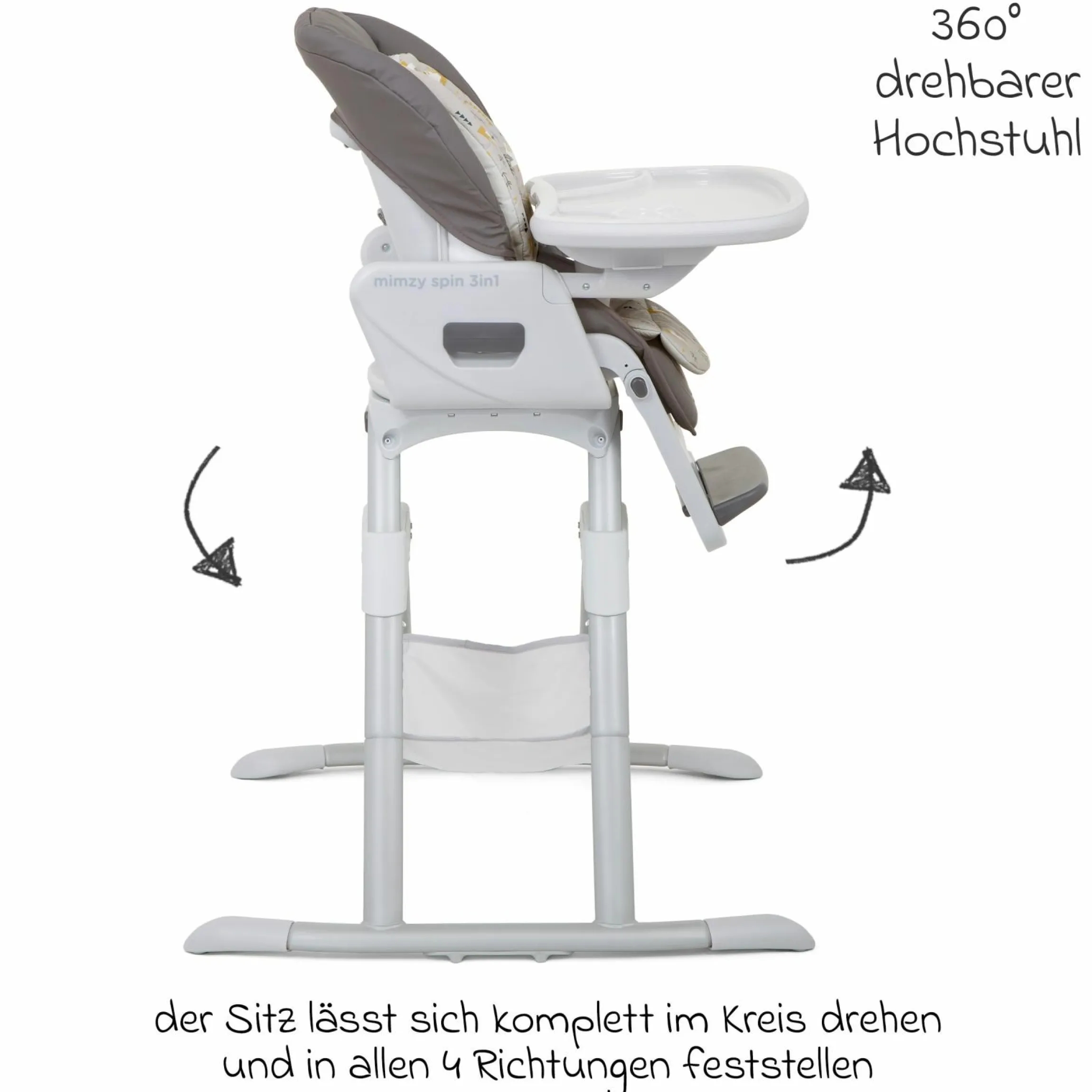 3in1 Hochstuhl Mimzy Spin 3in1 ab Geburt nutzbar mit 360° drehbarem Sitz, flache Liegeposition, Tablett und Snacktablett - Geometric Mountain - Kollektion 2025