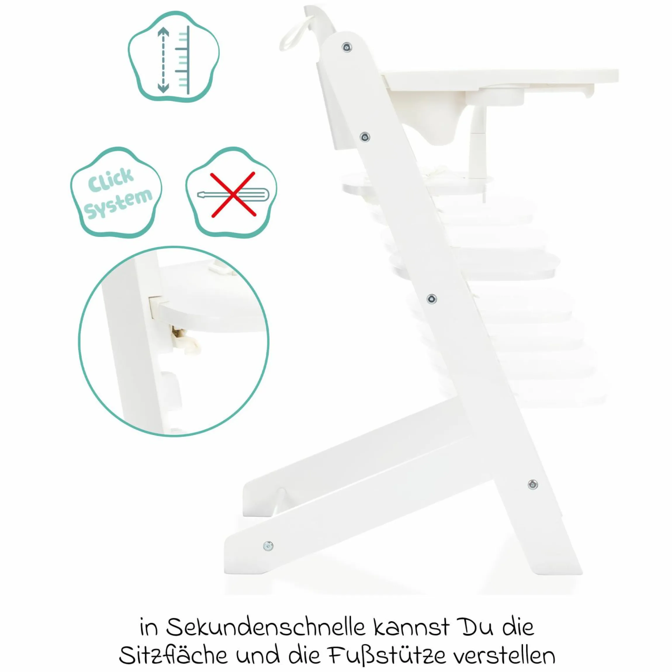 2in1 Hochstuhl Pia mit 5-Punkt-Gurt, abnehmbarem Essbrett mit Getränkehalter bis 85 kg belastbar - Weiß