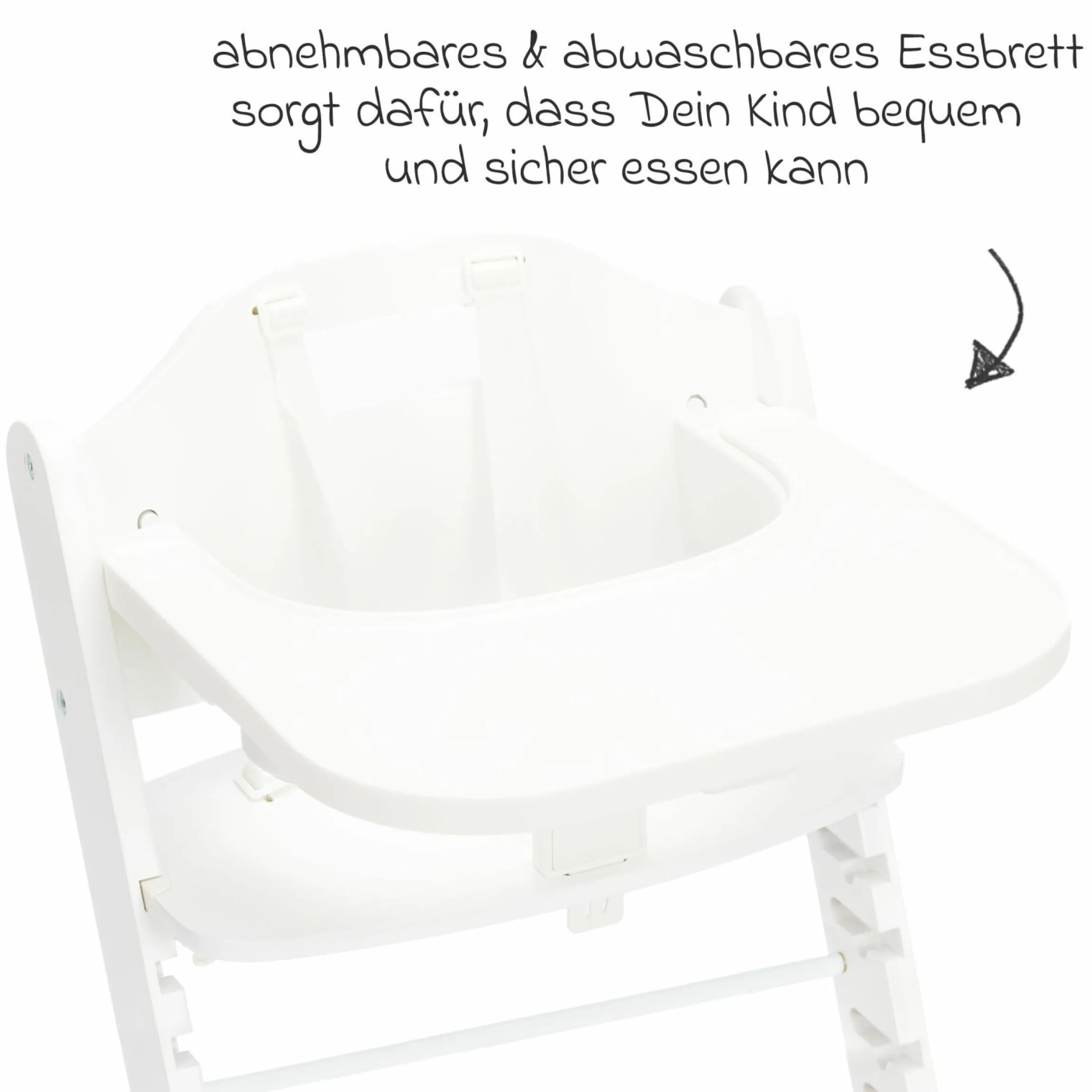 2in1 Hochstuhl Pia mit 5-Punkt-Gurt, abnehmbarem Essbrett mit Getränkehalter bis 85 kg belastbar - Weiß