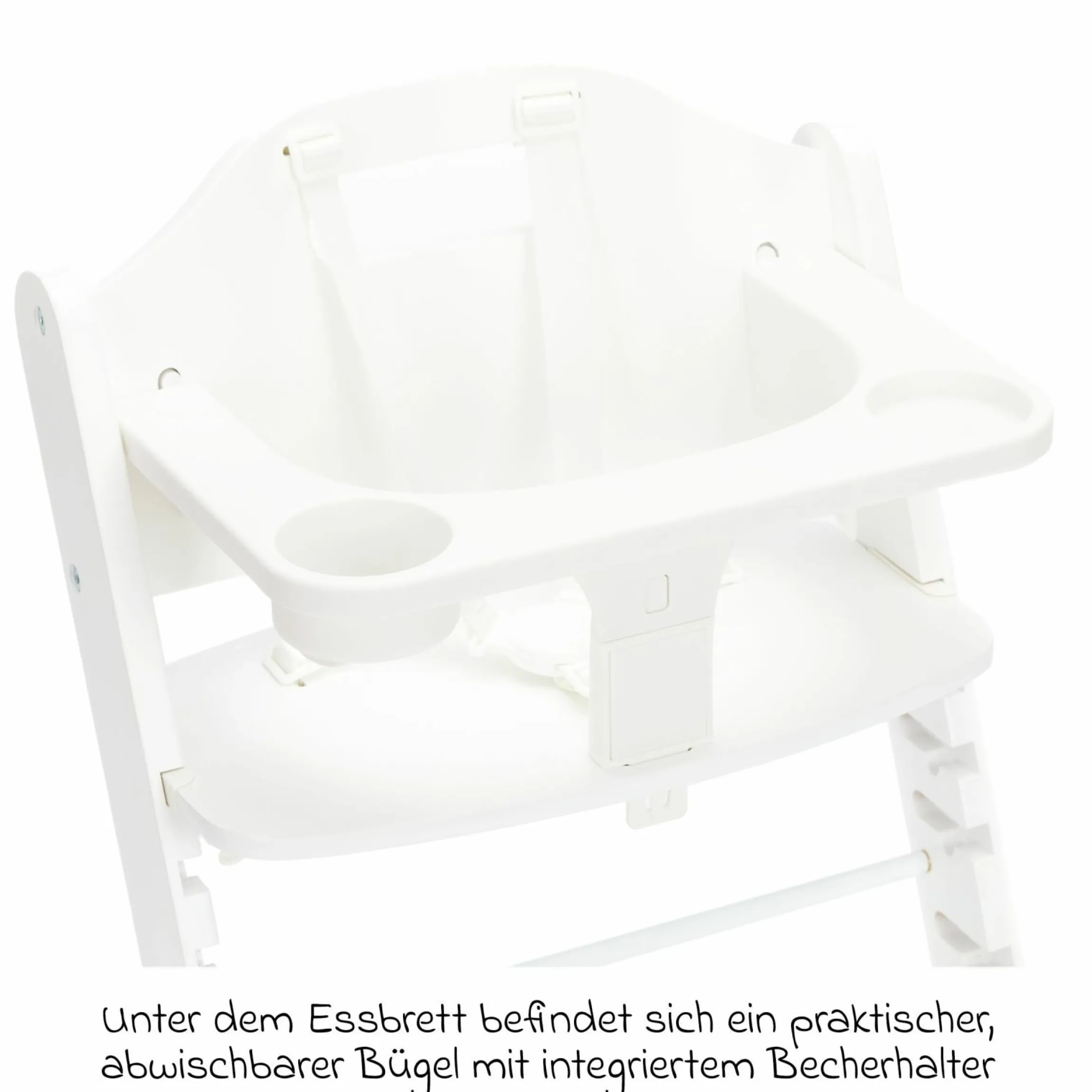 2in1 Hochstuhl Pia mit 5-Punkt-Gurt, abnehmbarem Essbrett mit Getränkehalter bis 85 kg belastbar - Weiß