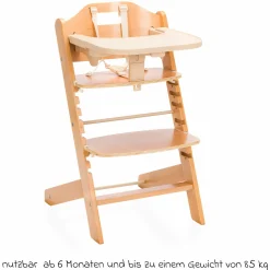 2in1 Hochstuhl Pia mit 5-Punkt-Gurt, abnehmbarem Essbrett mit Getränkehalter bis 85 kg belastbar - Natur