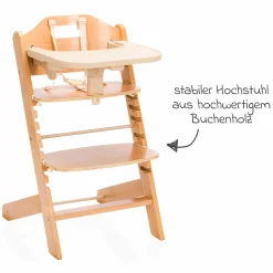 2in1 Hochstuhl Pia mit 5-Punkt-Gurt, abnehmbarem Essbrett mit Getränkehalter bis 85 kg belastbar - Natur