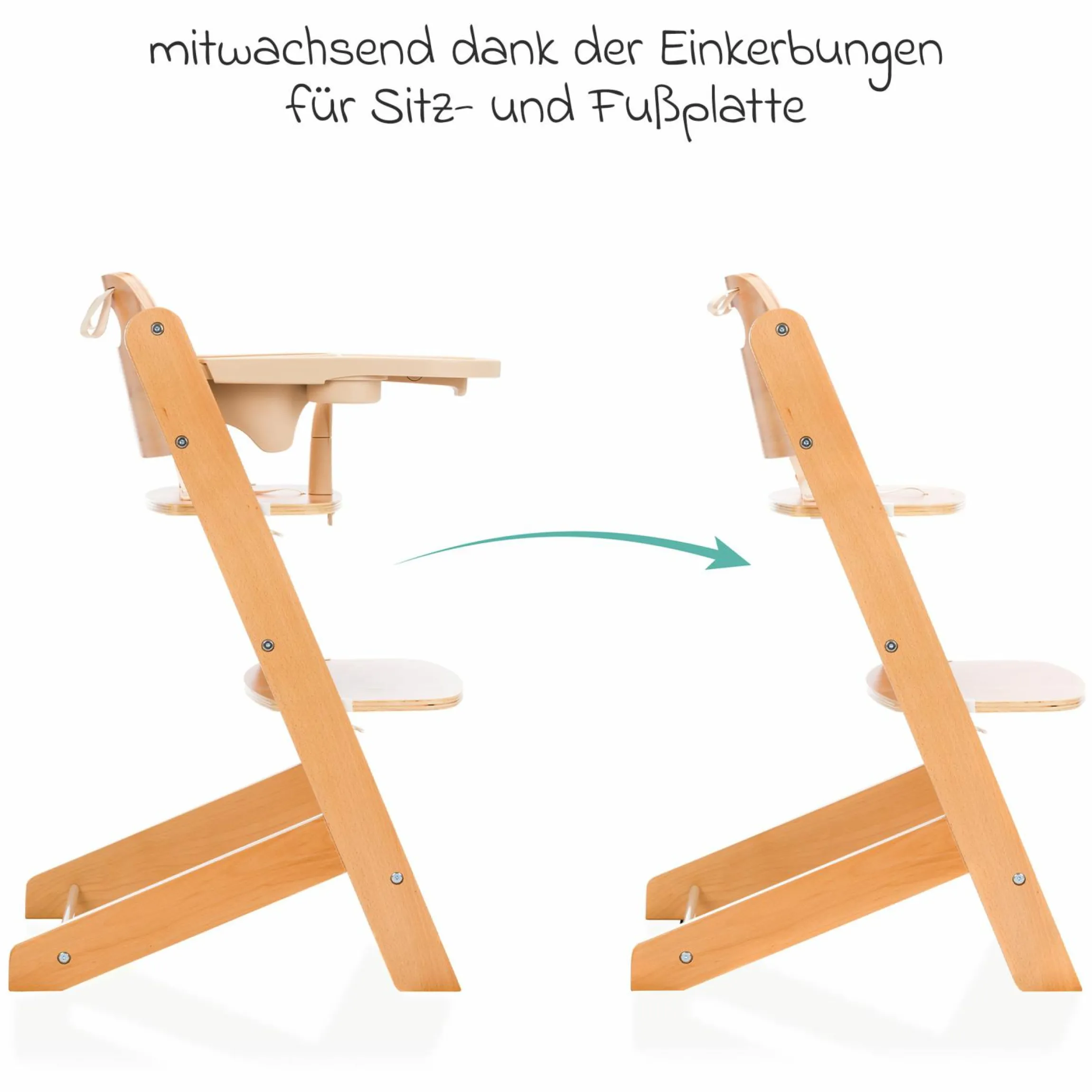 2in1 Hochstuhl Pia mit 5-Punkt-Gurt, abnehmbarem Essbrett mit Getränkehalter bis 85 kg belastbar - Natur