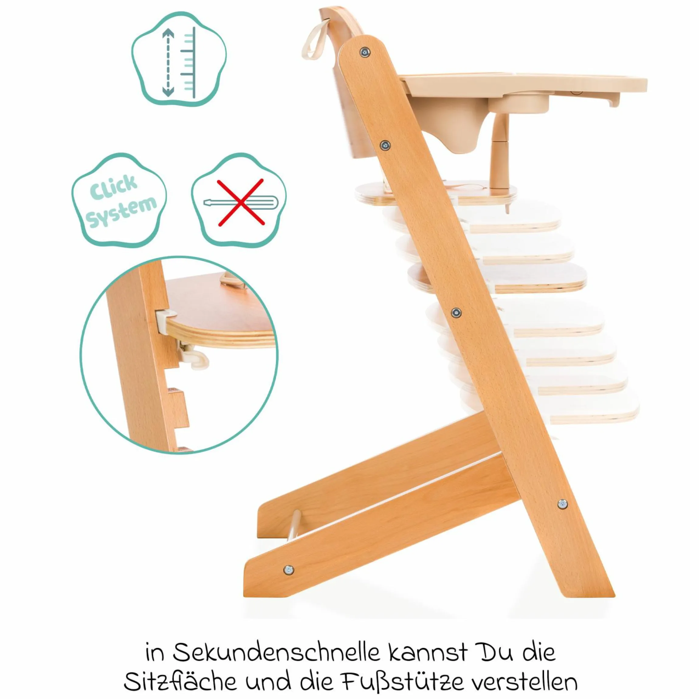 2in1 Hochstuhl Pia mit 5-Punkt-Gurt, abnehmbarem Essbrett mit Getränkehalter bis 85 kg belastbar - Natur