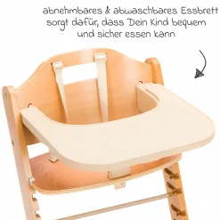 2in1 Hochstuhl Pia mit 5-Punkt-Gurt, abnehmbarem Essbrett mit Getränkehalter bis 85 kg belastbar - Natur