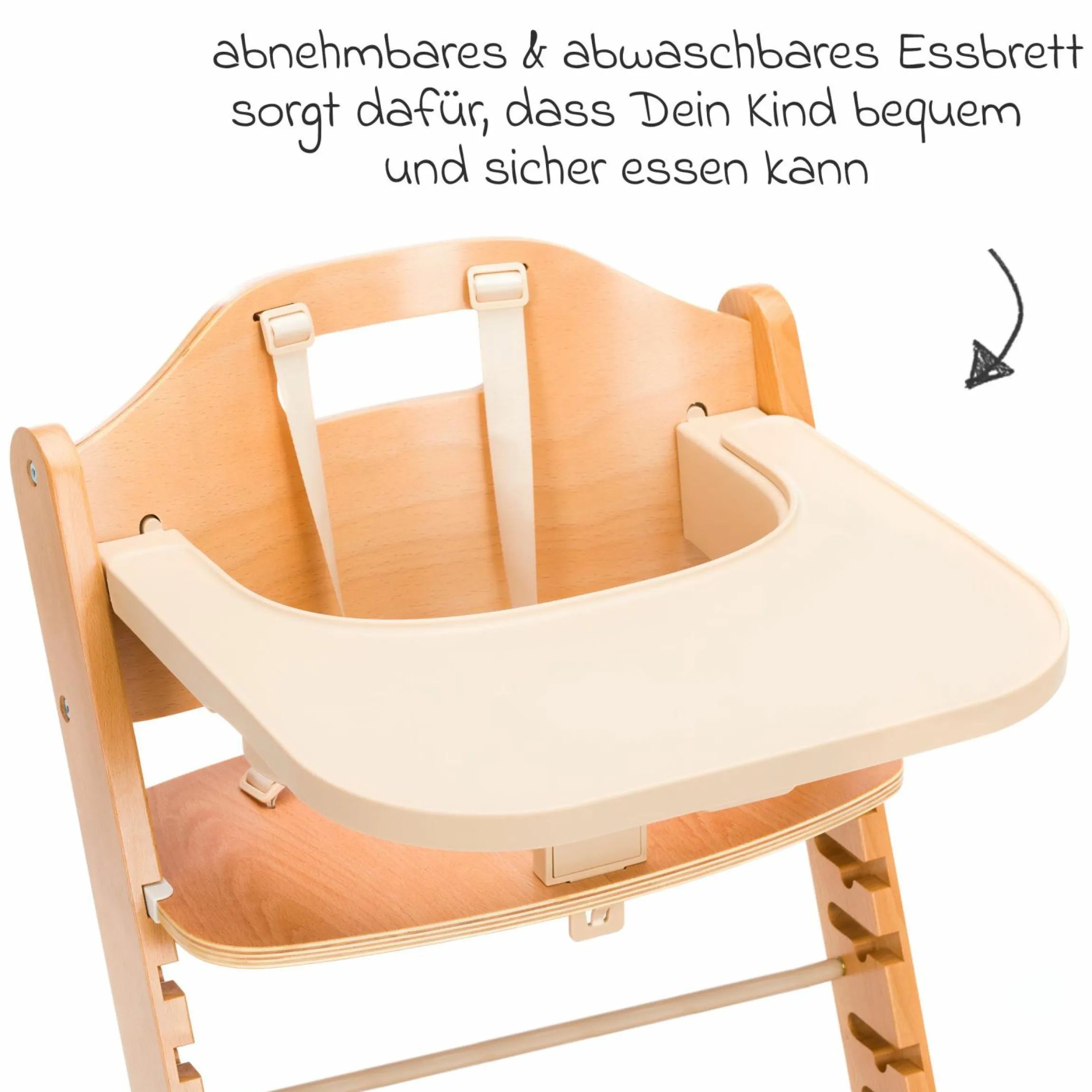 2in1 Hochstuhl Pia mit 5-Punkt-Gurt, abnehmbarem Essbrett mit Getränkehalter bis 85 kg belastbar - Natur