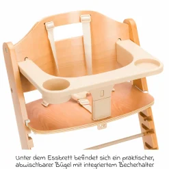2in1 Hochstuhl Pia mit 5-Punkt-Gurt, abnehmbarem Essbrett mit Getränkehalter bis 85 kg belastbar - Natur