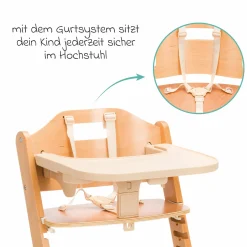 2in1 Hochstuhl Pia mit 5-Punkt-Gurt, abnehmbarem Essbrett mit Getränkehalter bis 85 kg belastbar - Natur