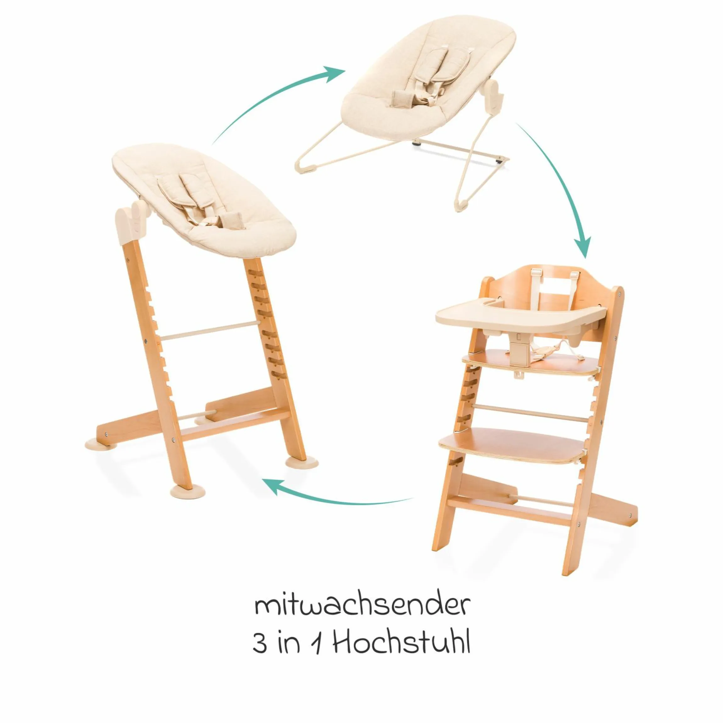 3in1 Hochstuhl-Set Pia Swing ab Geburt bis 85 kg mit Neugeborenenaufsatz, 5-Punkt-Gurt, abnehmbarem Essbrett mit Getränkehalter - Natur