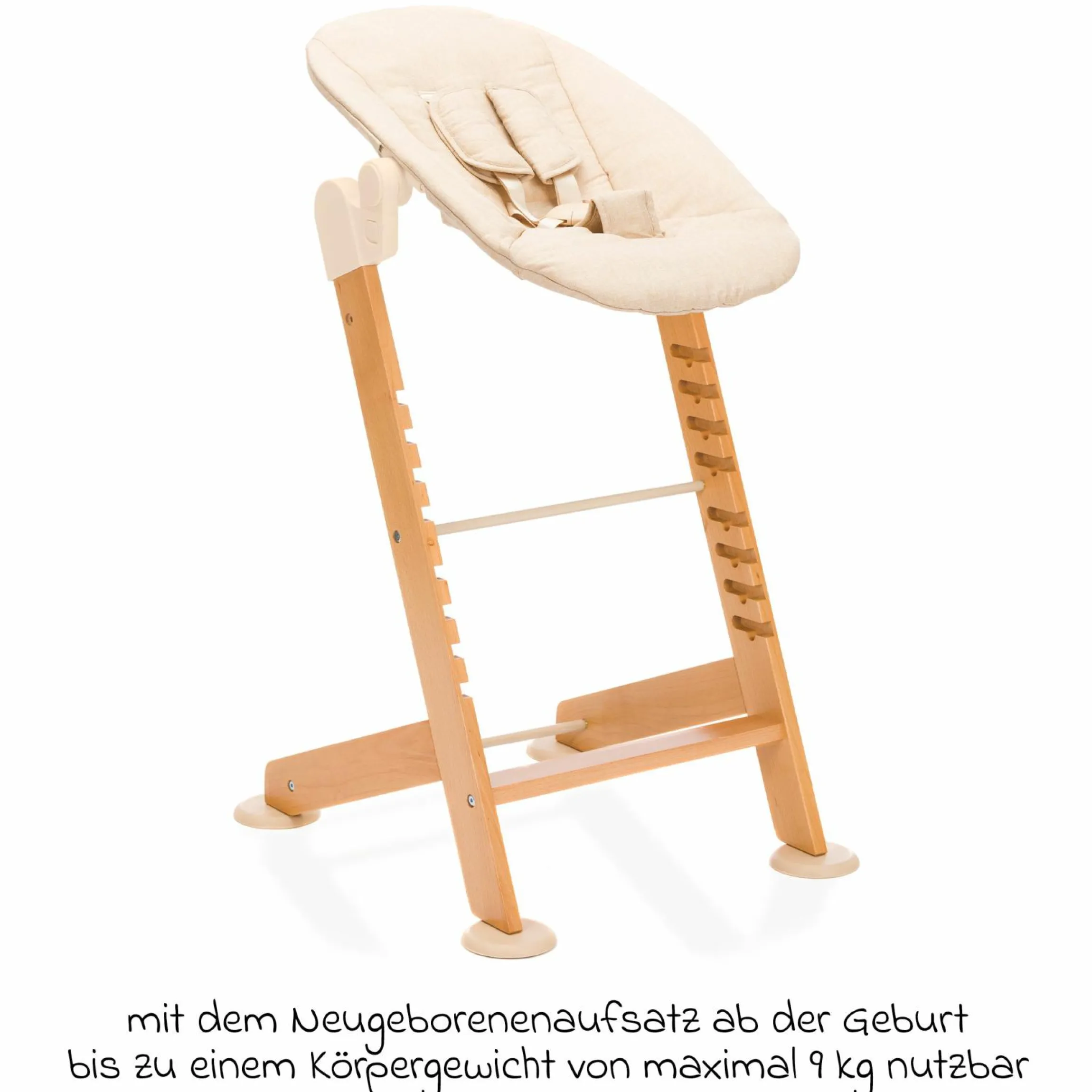 3in1 Hochstuhl-Set Pia Swing ab Geburt bis 85 kg mit Neugeborenenaufsatz, 5-Punkt-Gurt, abnehmbarem Essbrett mit Getränkehalter - Natur