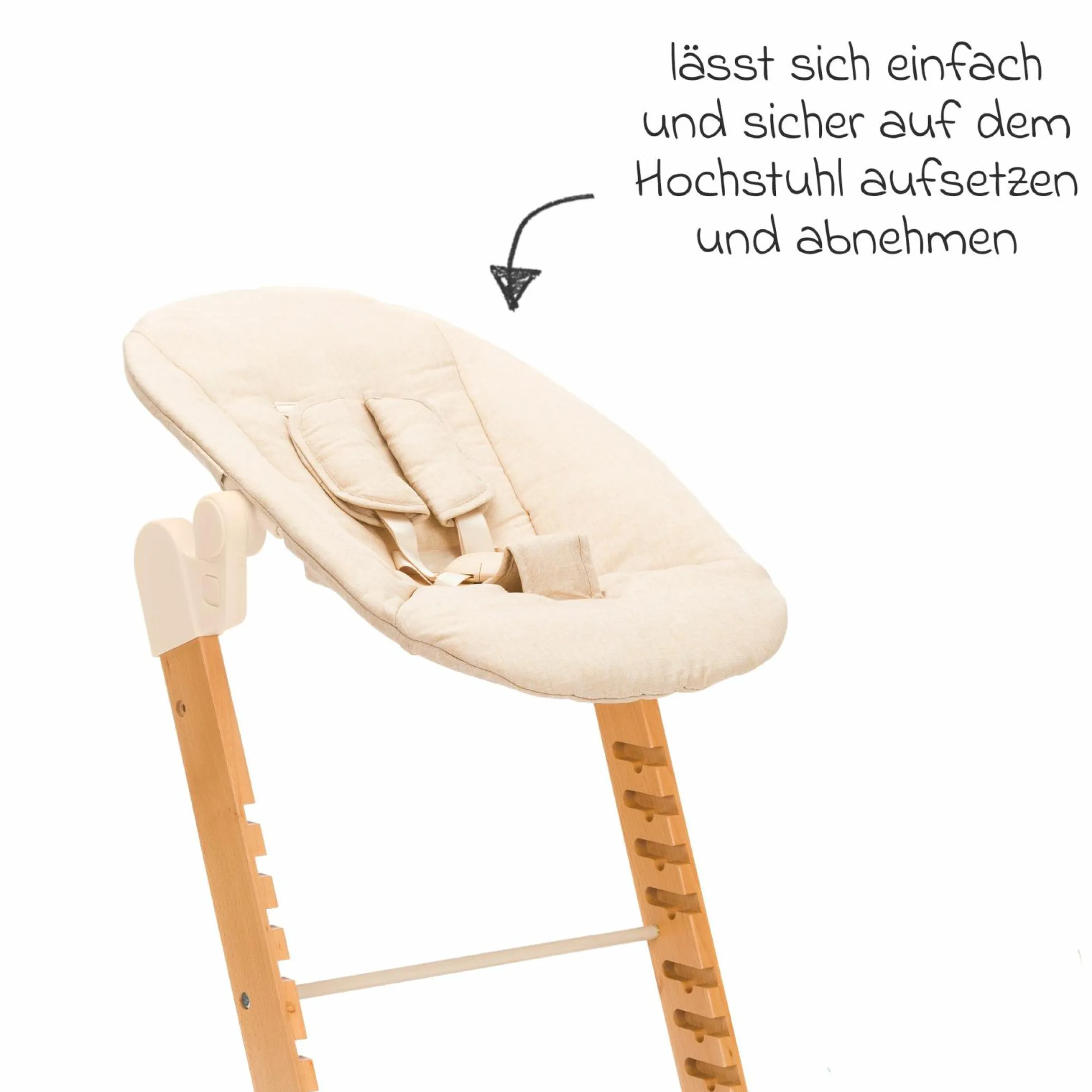 3in1 Hochstuhl-Set Pia Swing ab Geburt bis 85 kg mit Neugeborenenaufsatz, 5-Punkt-Gurt, abnehmbarem Essbrett mit Getränkehalter - Natur