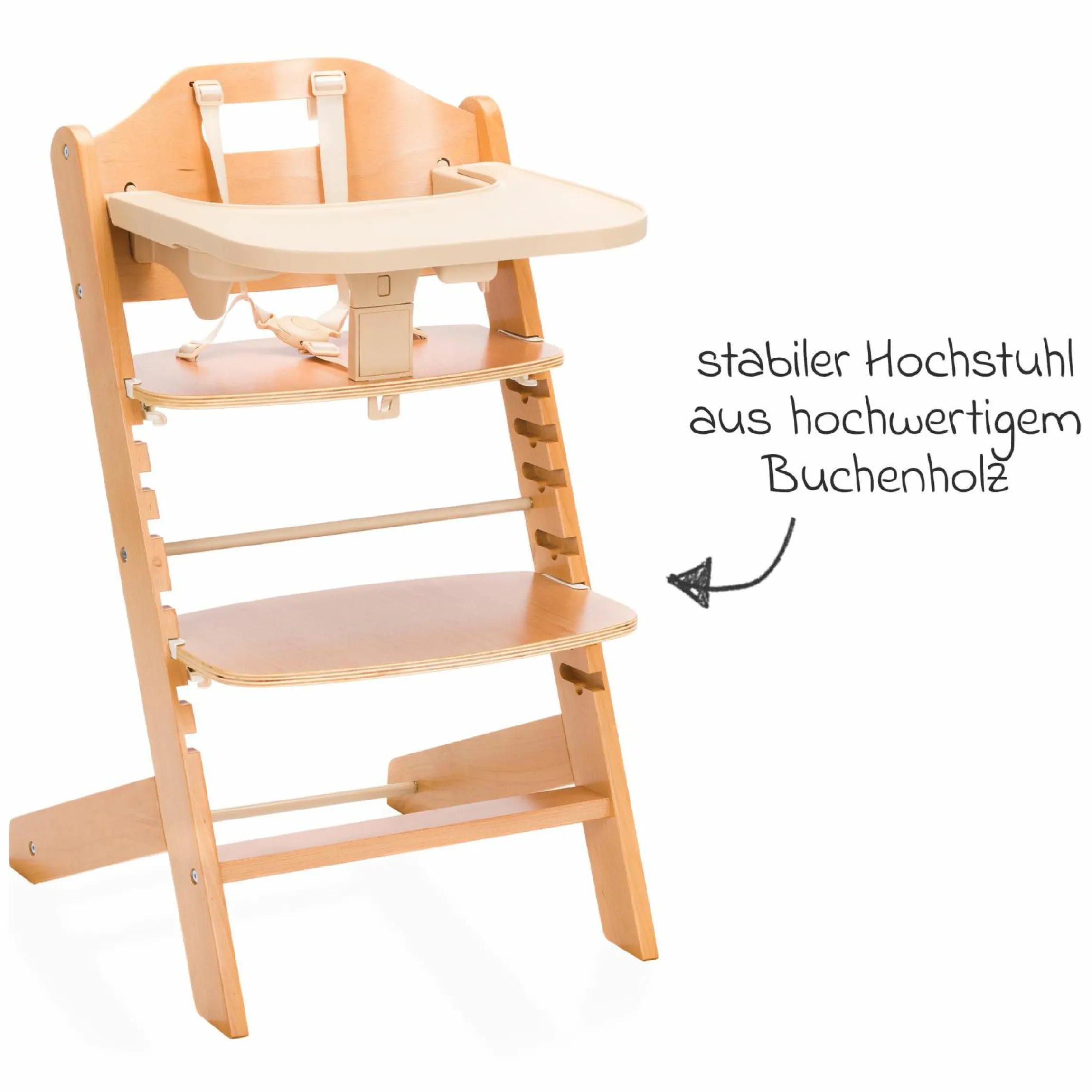 3in1 Hochstuhl-Set Pia Swing ab Geburt bis 85 kg mit Neugeborenenaufsatz, 5-Punkt-Gurt, abnehmbarem Essbrett mit Getränkehalter - Natur