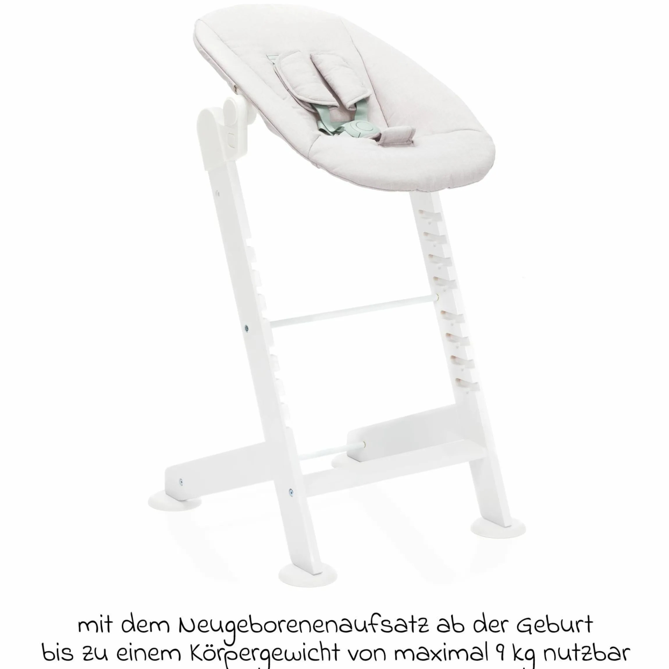 3in1 Hochstuhl-Set Pia Swing ab Geburt bis 85 kg mit Neugeborenenaufsatz, 5-Punkt-Gurt, abnehmbarem Essbrett mit Getränkehalter - Weiß