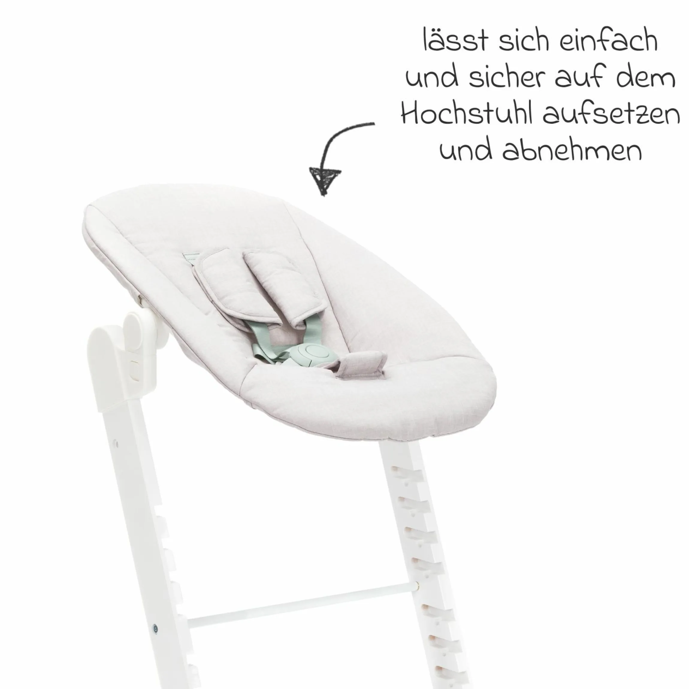 3in1 Hochstuhl-Set Pia Swing ab Geburt bis 85 kg mit Neugeborenenaufsatz, 5-Punkt-Gurt, abnehmbarem Essbrett mit Getränkehalter - Weiß