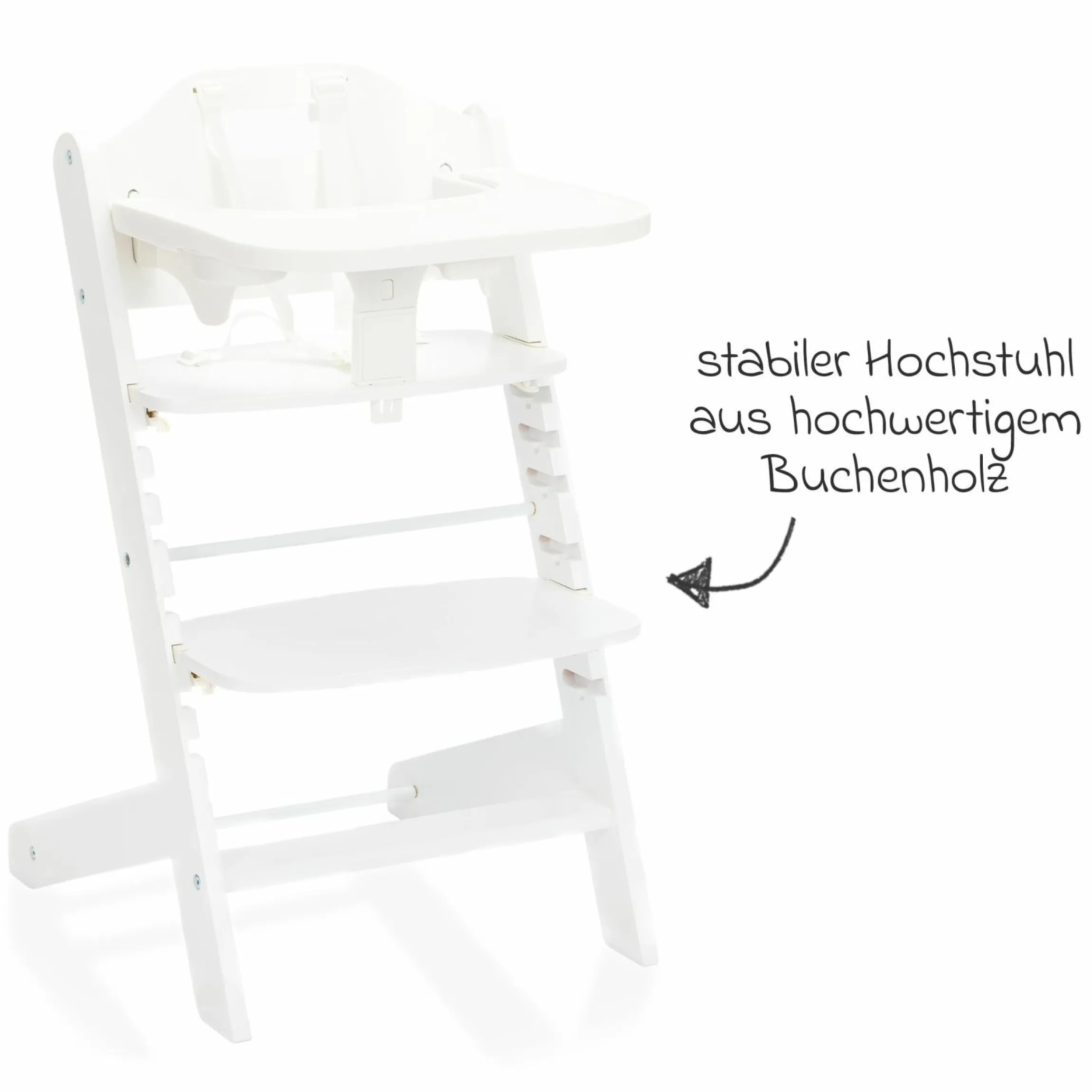 3in1 Hochstuhl-Set Pia Swing ab Geburt bis 85 kg mit Neugeborenenaufsatz, 5-Punkt-Gurt, abnehmbarem Essbrett mit Getränkehalter - Weiß