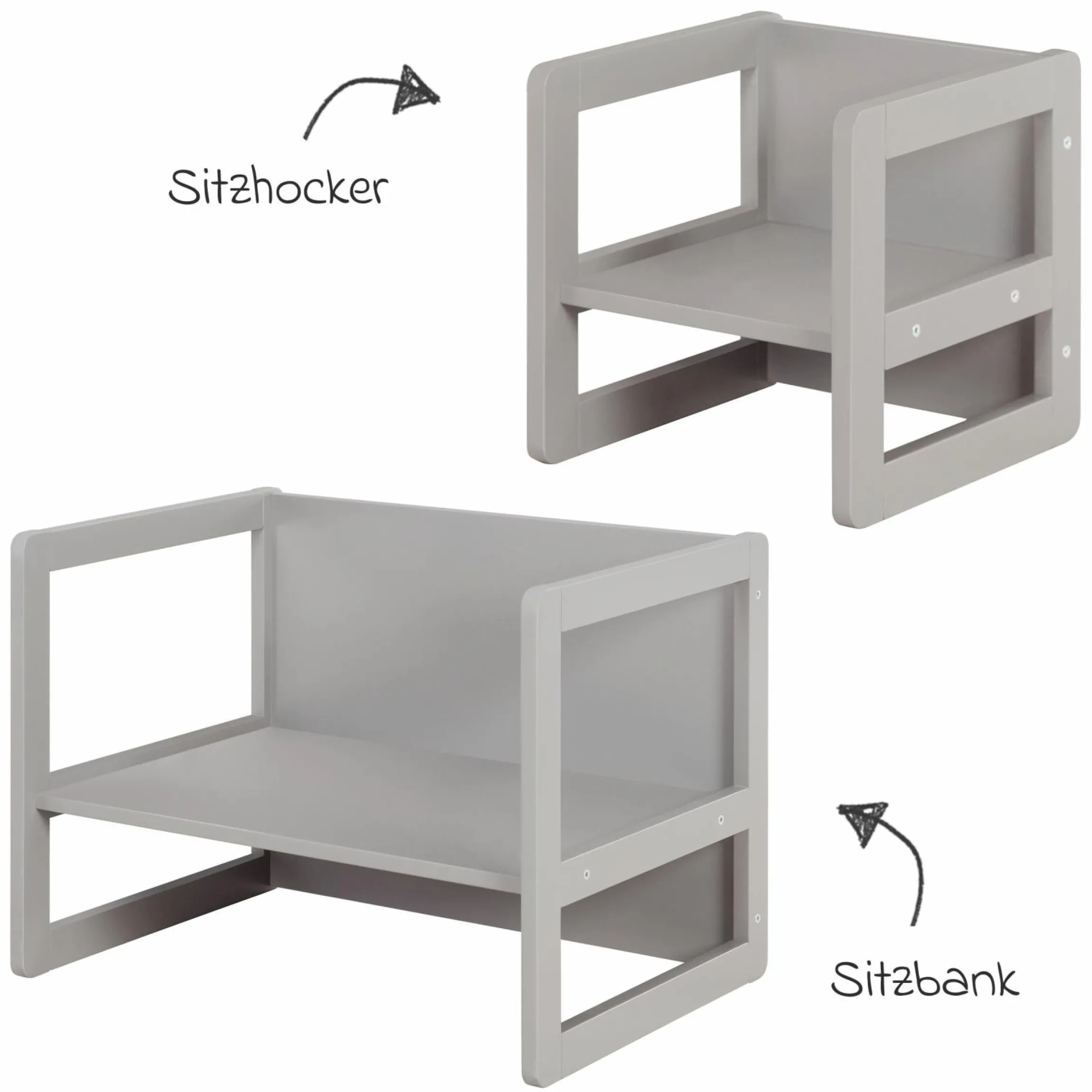 3in1 Kindersitzgruppe 1 Sitzbank & 1 Sitzhocker - Montessori - Grau