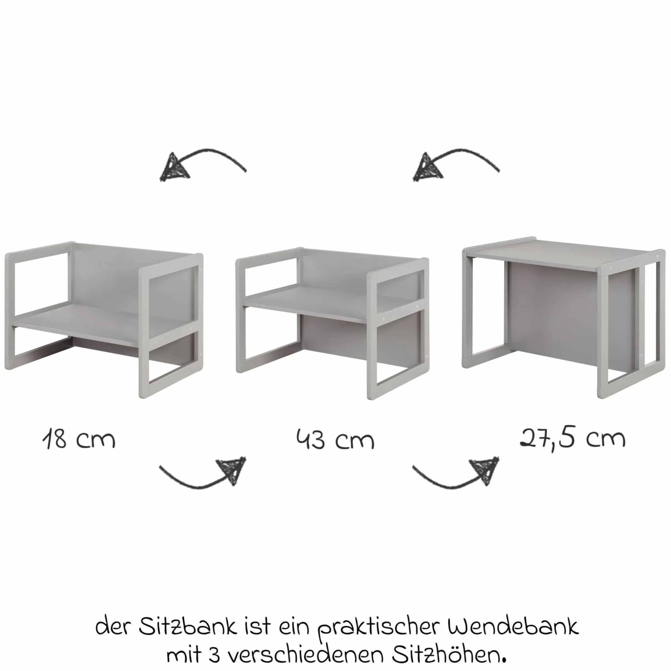 3in1 Kindersitzgruppe 1 Sitzbank & 1 Sitzhocker - Montessori - Grau