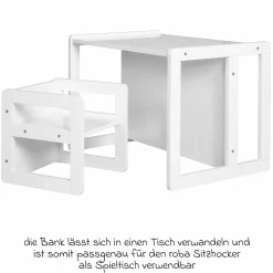 3in1 Kindersitzgruppe 1 Sitzbank & 1 Sitzhocker - Montessori - Weiß