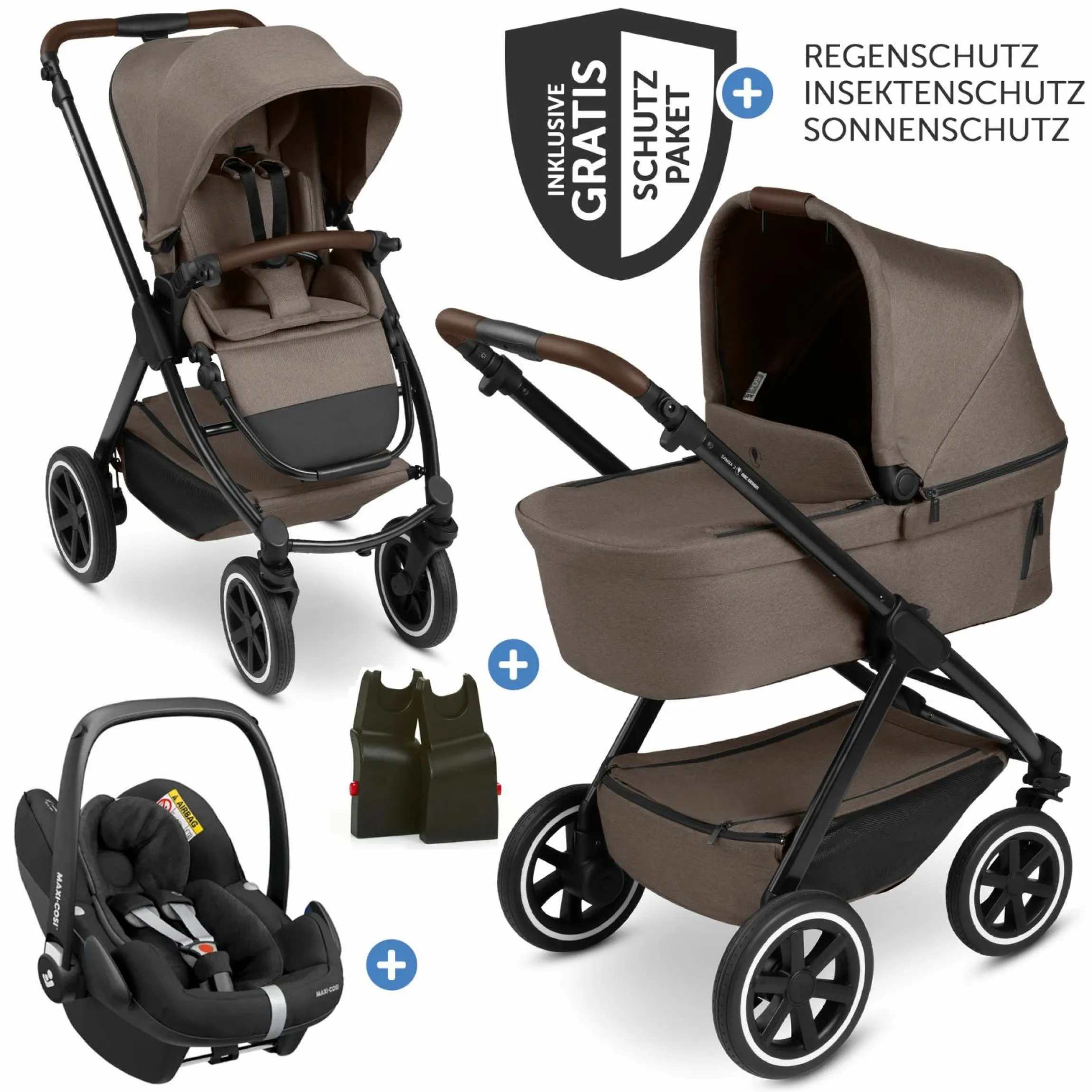 3in1 Kinderwagen-Set Samba 2 - inkl. Babywanne, Autositz Pebble Pro, Sportsitz mit XXL Zubehörpaket - Pure - Nature