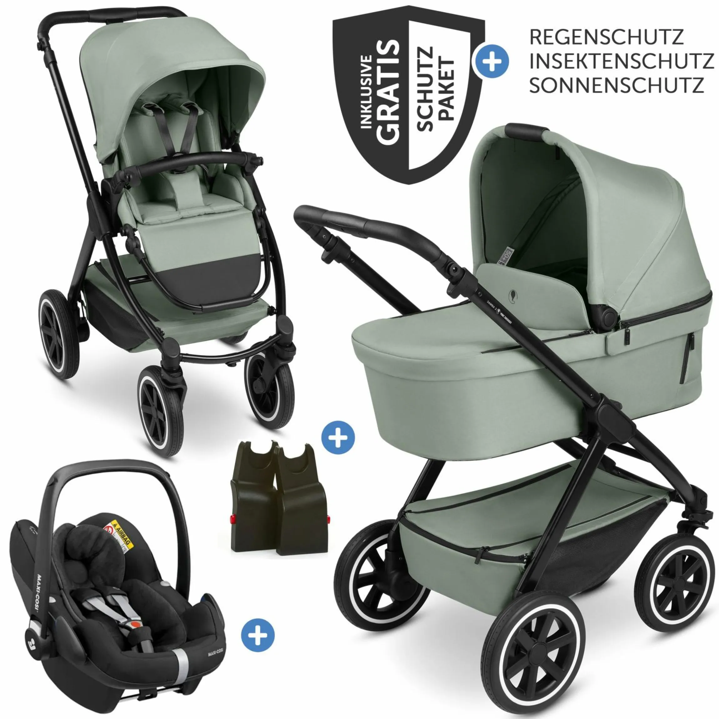 3in1 Kinderwagen-Set Samba 2 - inkl. Babywanne, Autositz Pebble Pro, Sportsitz mit XXL Zubehörpaket - Pine